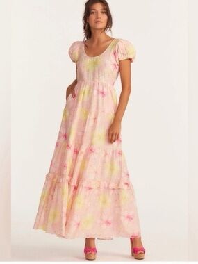 Pink Tie-Dye Puff Sleeve Maxi Dress